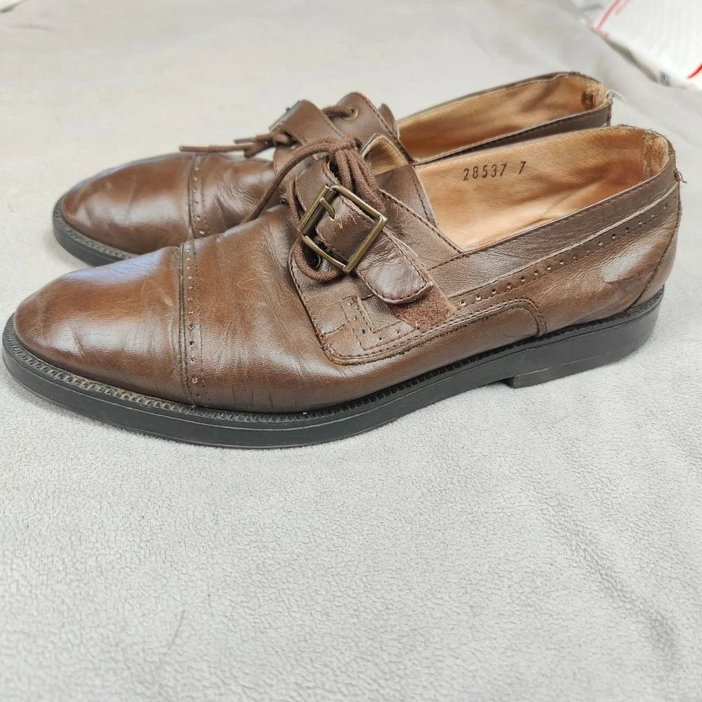 Vintage YSL Yves Saint Laurent Dress Shoes Men 7 Brown Leather Oxford Monk Strap